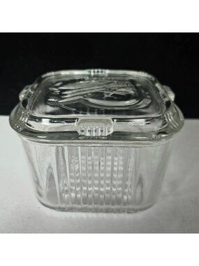 Old Federal Glass Refrigerator storage bo,  Lid Embossed Corn & Vegetable Design